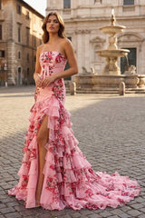 Pink Strapless Sheath Floral Chiffon Ruffles Long Formal Prom Dresses With Bow