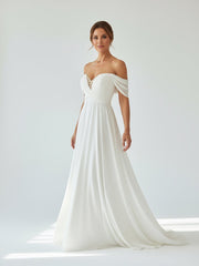 A-Line Chiffon Sleeveless Off-the-Shoulder Wedding Dress with Ruching Floor Length
