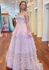 A Line Sweetheart Tiered Ruffled Tulle Long Prom Dress