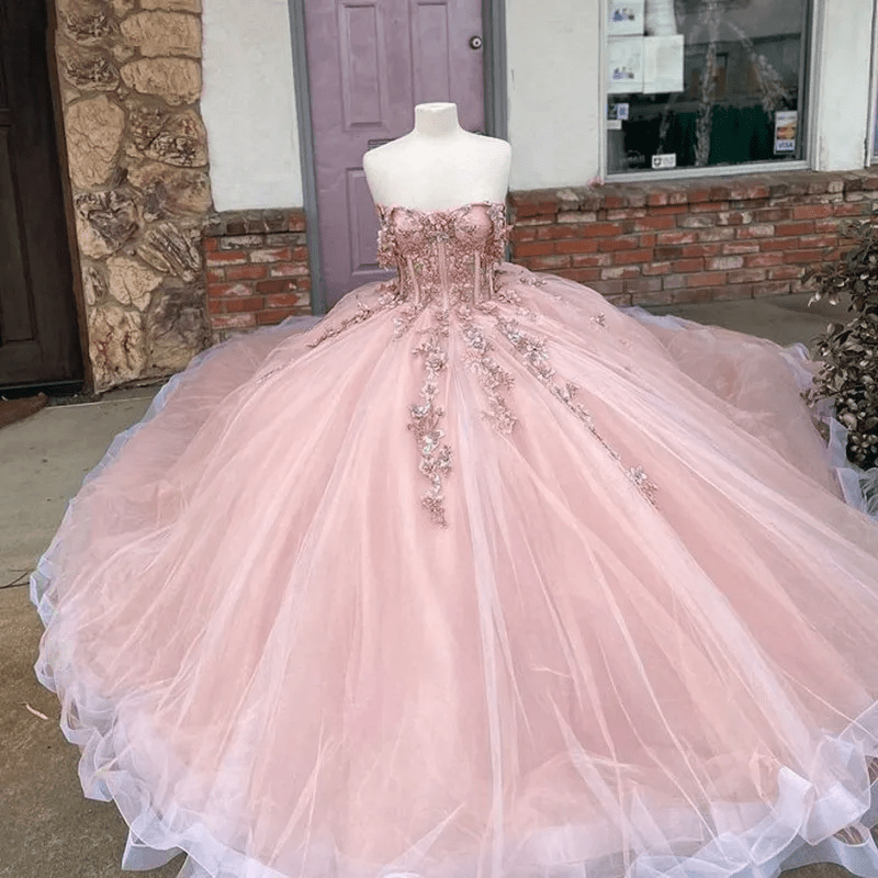 Pink Tulle Appliques Off The Shoulder Quinceanera Dresses