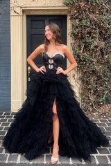 Black Strapless Bow Ruffle Long Prom Dress with Slit