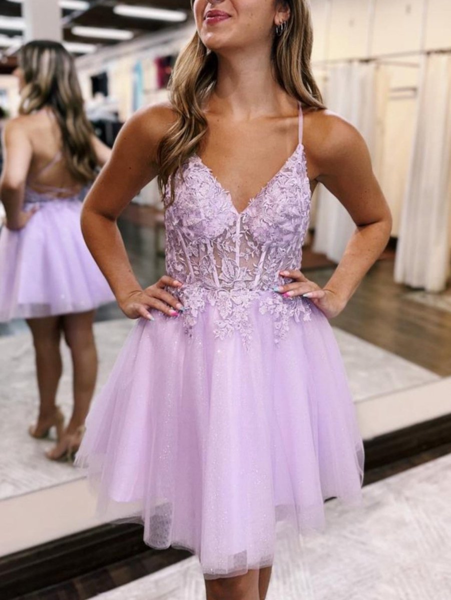 A-Line Backless Tulle Appliqued Homecoming Dress