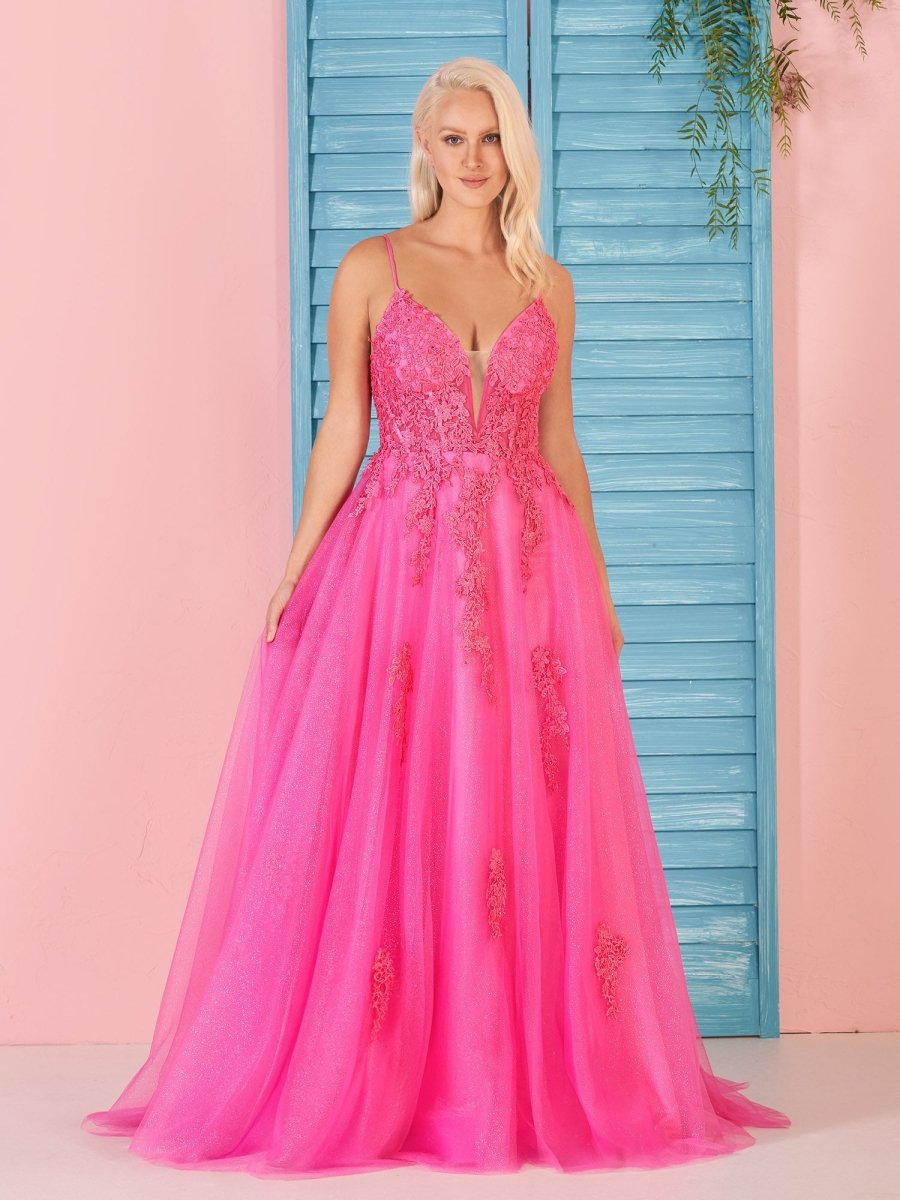 A Line V Neck Pink Lace Long Prom Dress