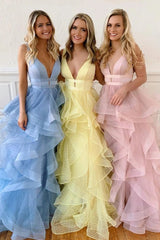 A-line V Neck Cascading Ruffles Long Prom Dress
