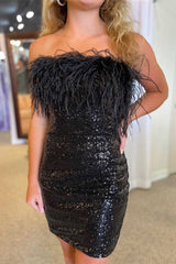 Black Sheath Sequin Mini Party Dresses with Feather