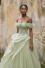 Green Tulle Lace Long Prom Dress with Corset, Green Formal Party Dress