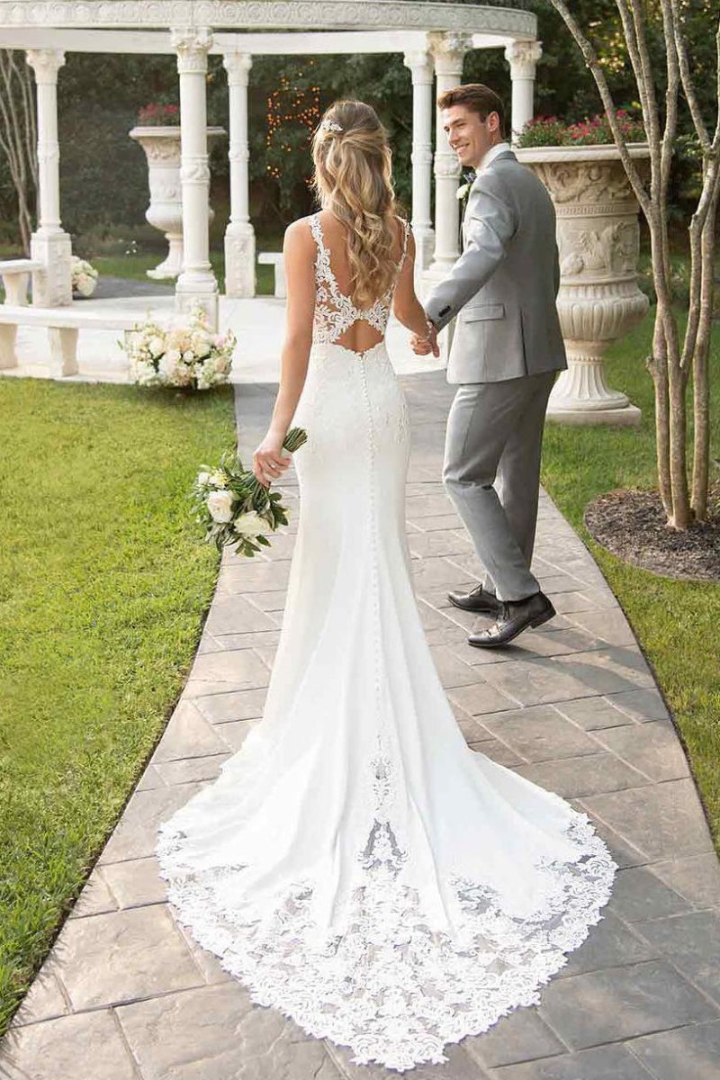 Lace Straps Sweep Train Mermaid White Wedding Dress