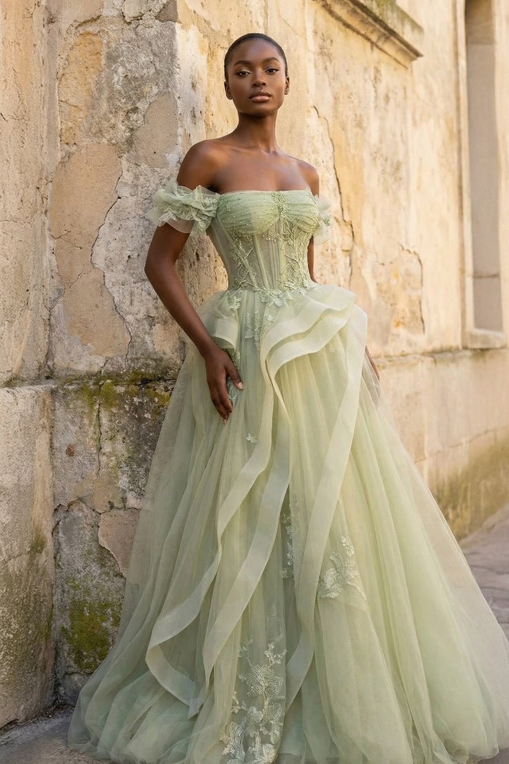 Green Tulle Lace Long Prom Dress with Corset, Green Formal Party Dress