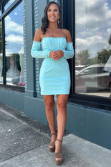 Aqua Beaded Off-the-Shoulder Bodycon Short Homecoming Dress