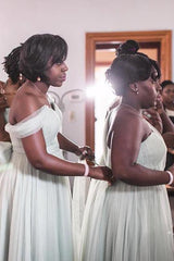 Off the Shoulder A-line Light Grey Chiffon Long Bridesmaid Dress