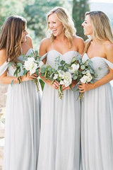 Off the Shoulder A-line Light Grey Chiffon Long Bridesmaid Dress