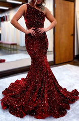 Mermaid One Shoulder Sequins Backless Prom Dress
