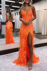 Jade Sequin Lace V Neck Mermaid Prom Dresses with Slit