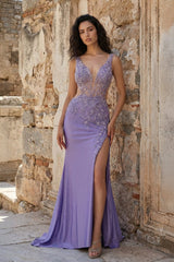 Charming Mermaid V Neck Sage Green Slit Prom Dresses with Appliques