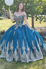 Sparkly Navy Blue Off-the-Shoulder Lace Up Back Quinceanera Dress