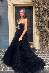 Black Strapless Bow Ruffle Long Prom Dress with Slit