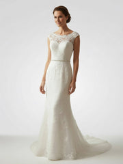 Bateau Neck Cap Sleeve Fit and Flare Lace Wedding Dress