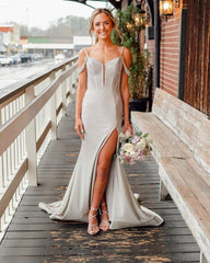 Cold Shoulder Black Beaded Slit Mermaid Prom Dress