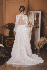 A-Line Lace Top Flare Sleeves Open Back Wedding Dress