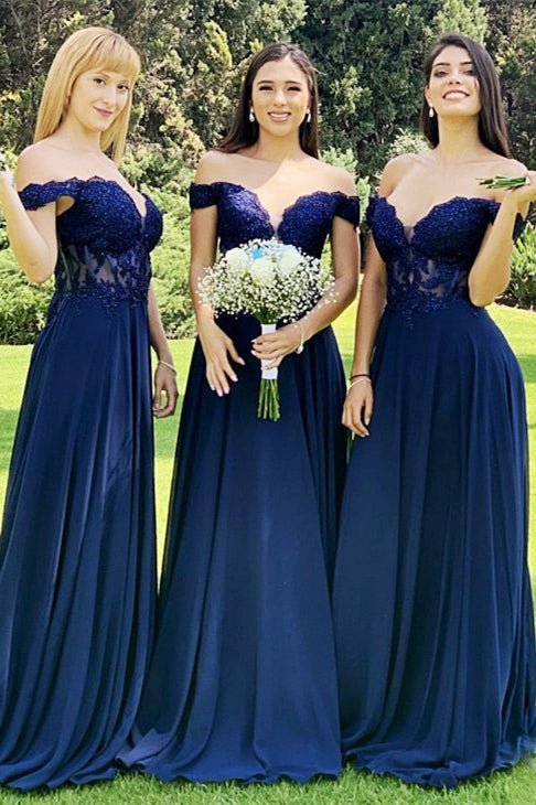 Indigo Lace Off-the-Shoulder A-Line Long Bridesmaid Dress