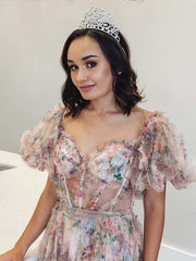 A Line Off The Shoulder Floral Tulle Prom Dress