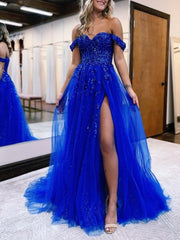 A Line Off the Shoulder Lace Tulle Prom Dress With Slit