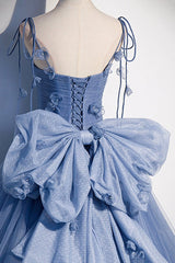 Blue Tulle Long A-Line Prom Dress Blue Spaghetti Straps Party Dress with Bow
