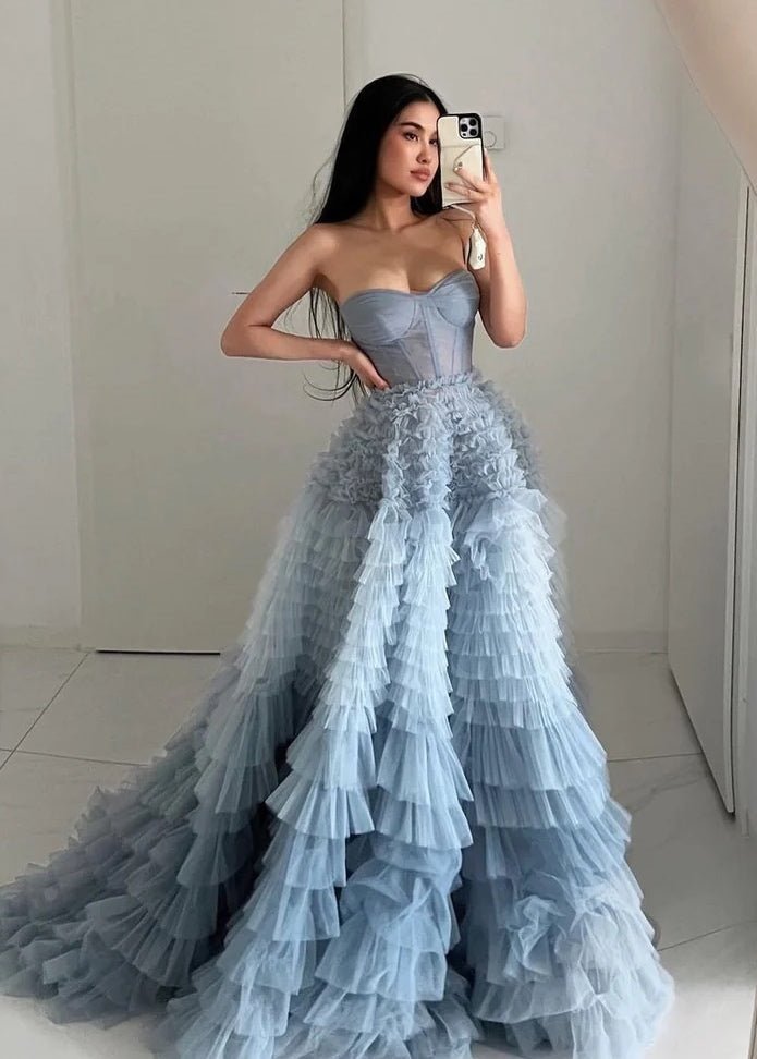 A Line Sweetheart Tiered Ruffled Tulle Long Prom Dress