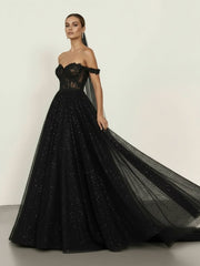 A-Line Black Gothic Wedding Dresses with Sequin Lace Appliques