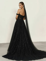 A-Line Black Gothic Wedding Dresses with Sequin Lace Appliques