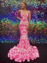 Pink V Neck Sequin Lace Mermaid Prom Dress