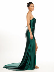 Dark Green Strapless Sheath Satin Long Prom Dress With Split