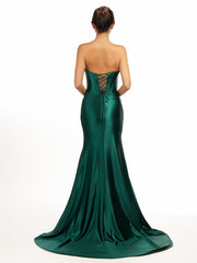 Dark Green Strapless Sheath Satin Long Prom Dress With Split