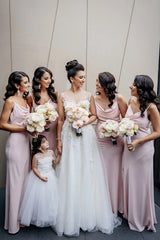 Pink Sheath Spaghetti Straps Long Bridesmaid Dress