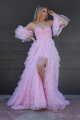 Pink - A line Sweetheart Glitter Tulle Prom Dress with Slit