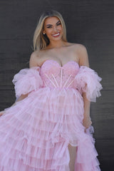 Pink - A line Sweetheart Glitter Tulle Prom Dress with Slit