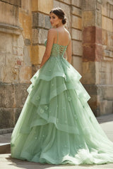 Ball Gown Sweetheart Sage Green Tulle Long Prom Dresses with Appliques