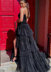 A-Line Spaghetti Straps Long Tiered Tulle Prom Dress With Split