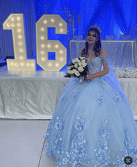 Sky Blue 3D Appliques Off The Shoulder Ball Gown Quinceanera Dresses