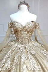 Glamorous Gold Off the Shoulder Glitter Tulle Quinceanera Dress