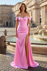 Pink Mermaid Off The Shoulder Satin Beaded Long Prom Dresses With Slit