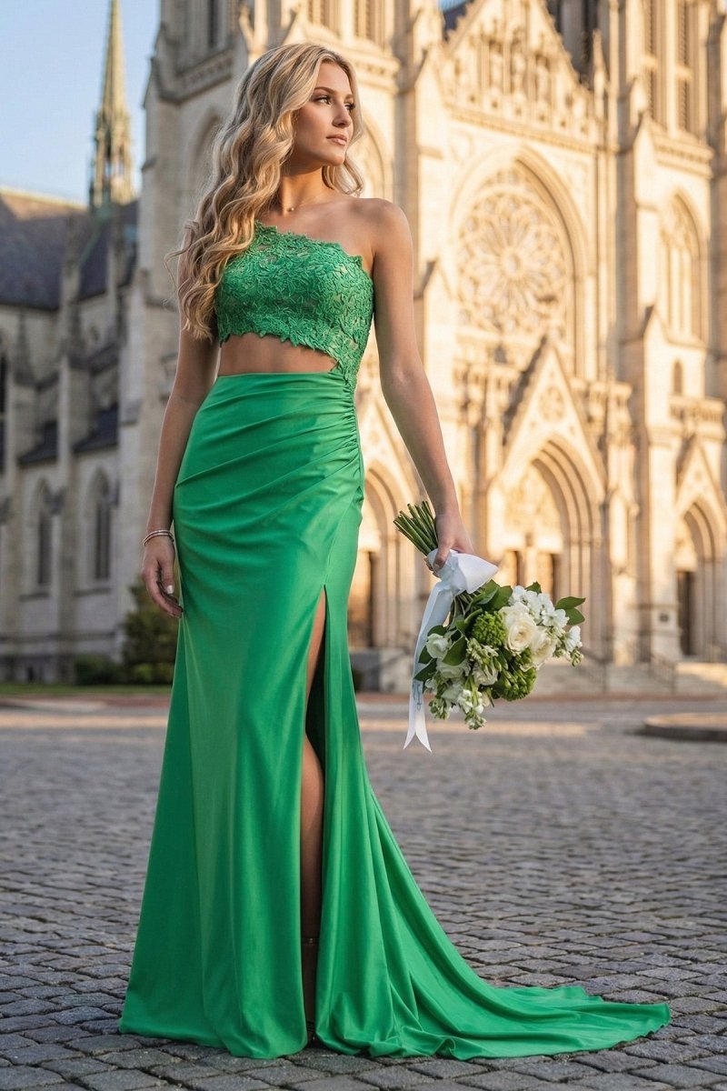 Green - One Shoulder Sheath Lace Appliqued Prom Dresses With Cutout