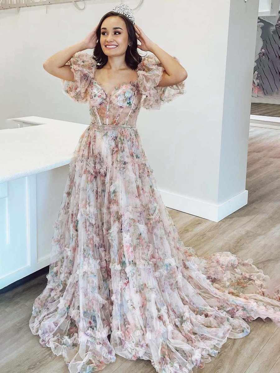 A Line Off The Shoulder Floral Tulle Prom Dress