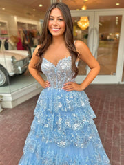 A Line Spaghetti Straps Tiered Lace Prom Dress