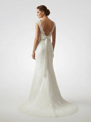 Bateau Neck Cap Sleeve Fit and Flare Lace Wedding Dress