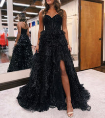 A line Off-the-Shoulder Glitter Tulle Prom Dress with Slit