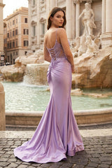 Mermaid V Neck Lavender Satin Long Prom Dresses with Appliques