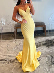 Sparkly Mermaid V Neck Yellow Sequins Long Prom Dresses