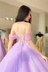 Lilac Off-the-Shoulder Lace-Up Tulle Long Prom Dress