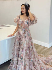 A Line Off The Shoulder Floral Tulle Prom Dress